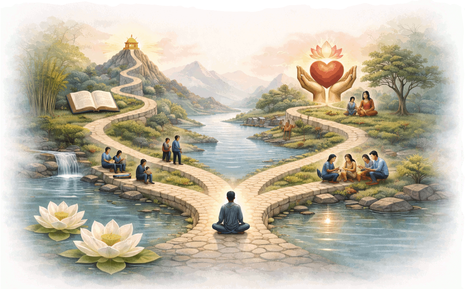 Meditator sitting at entrance to paths of wisdom and compassion