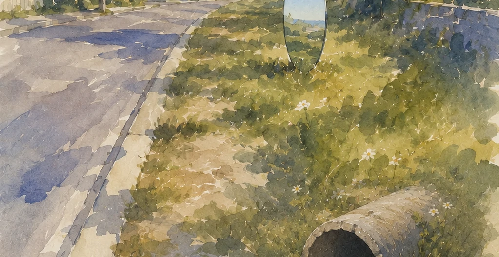 A serene watercolor painting of a grassy roadside bank featuring a large concrete culvert pipe in the foreground and a surreal, floating oval mirror reflecting a blue sky in the background.