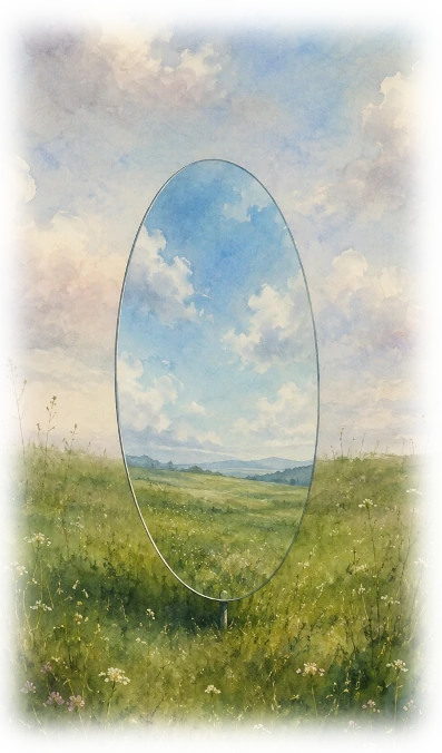 A small, minimalist watercolor painting of an oval mirror standing upright in a grassy field beneath a bright blue sky with wispy clouds.